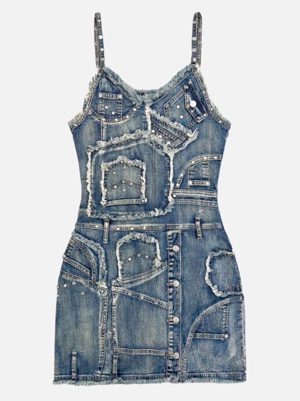 Vintage Y2K Platinum Plush Denim Patchwork Studded Mini Dress